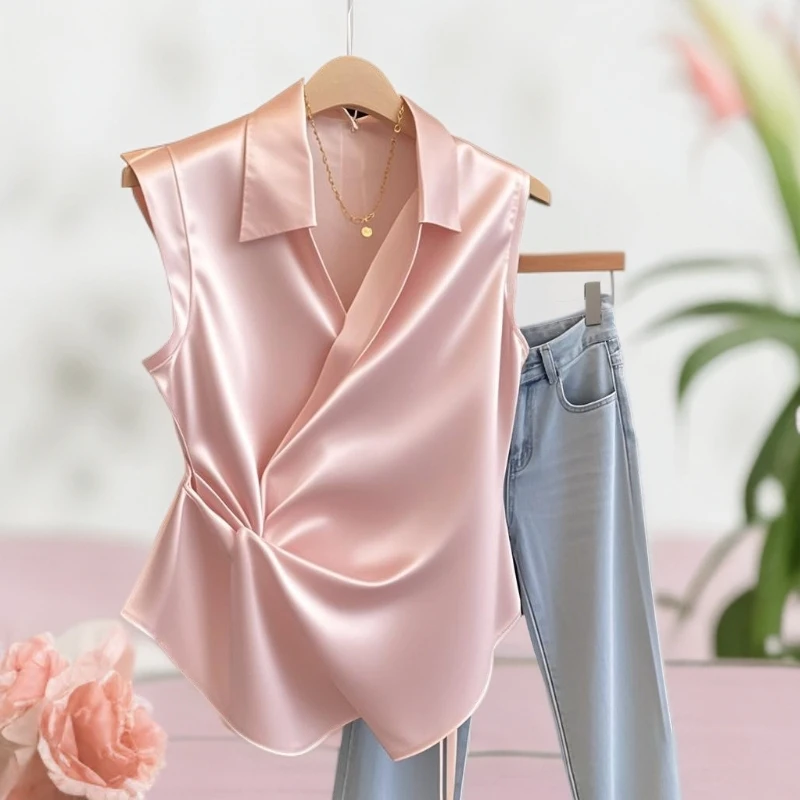 粉色高级感纯色衬衫女夏季设计感小众收腰衬衣修身显瘦甜辣小上衣
