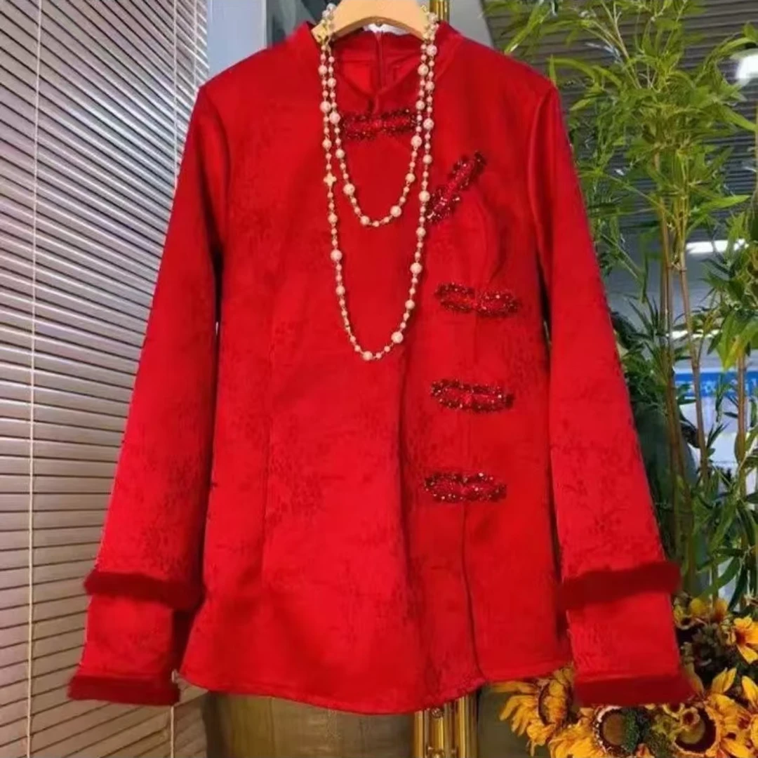 新中式盘扣钉钻斜襟毛毛袖复古上衣