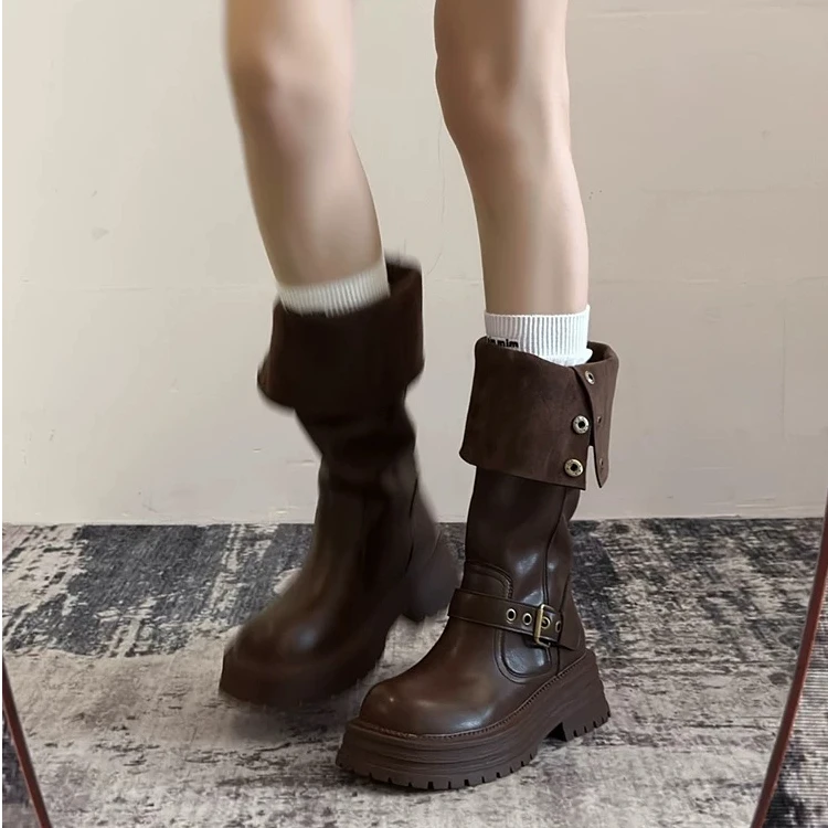 三福黑色复古英伦风粗跟厚底长筒靴女秋冬新款长靴高筒显瘦骑士靴