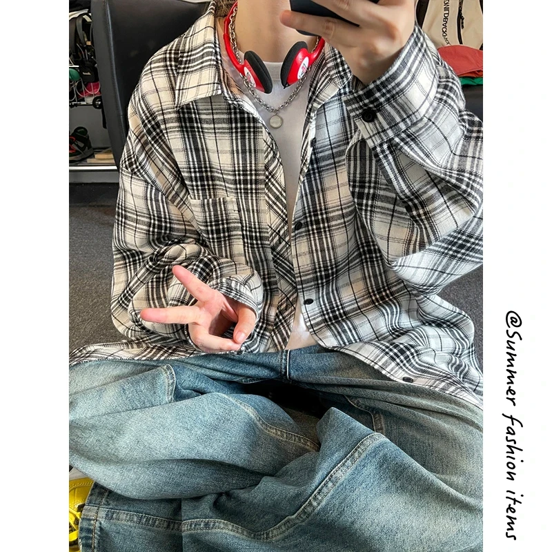 cityboy日系黑白格子长袖衬衫2025春秋季新款男士痞帅青少年衬衫