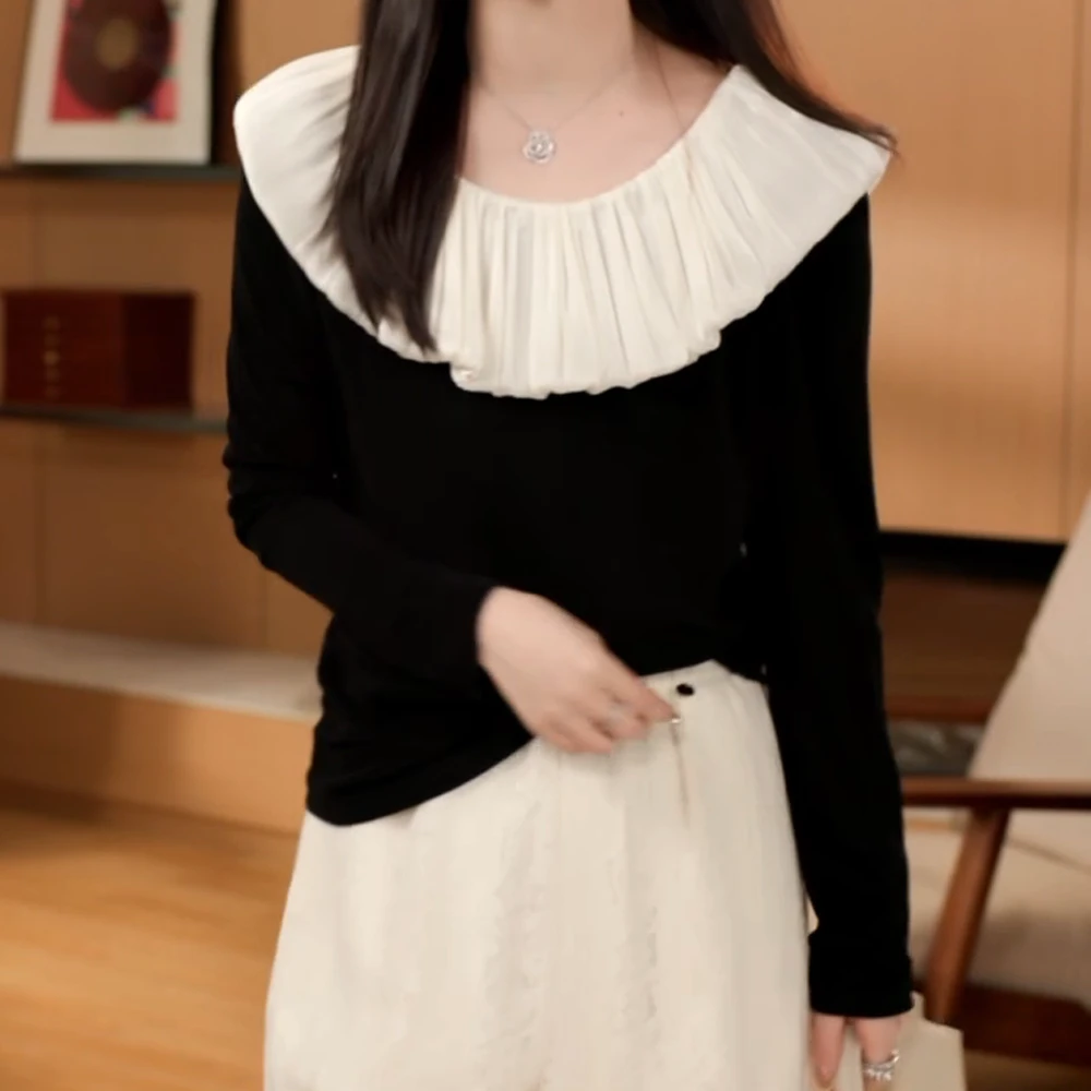 2025春季新款时尚荷叶领口边设计百搭衬衫女时尚气质长袖上衣
