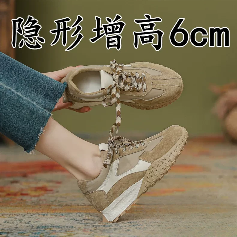 厚底增高德训鞋女鞋真皮小个子内增高松鞋百搭系带轻便休闲运动鞋