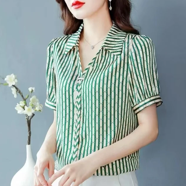 B434无配饰夏季时尚条纹高级感气质小众设计女式衬衫B9