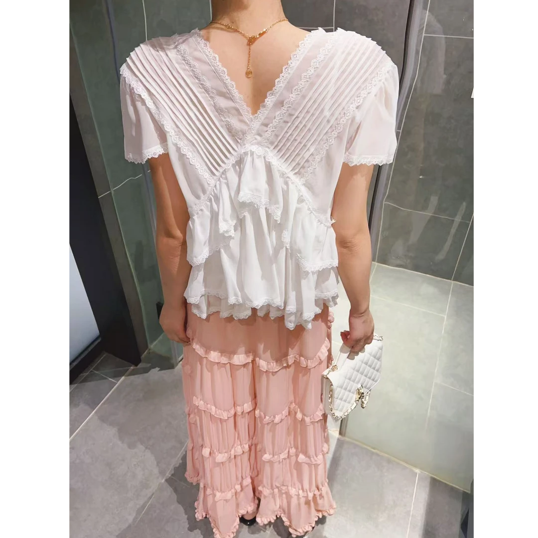 流行褶皱短袖衬衫女气质通勤拼接蕾丝花边遮肉显瘦雪纺衫