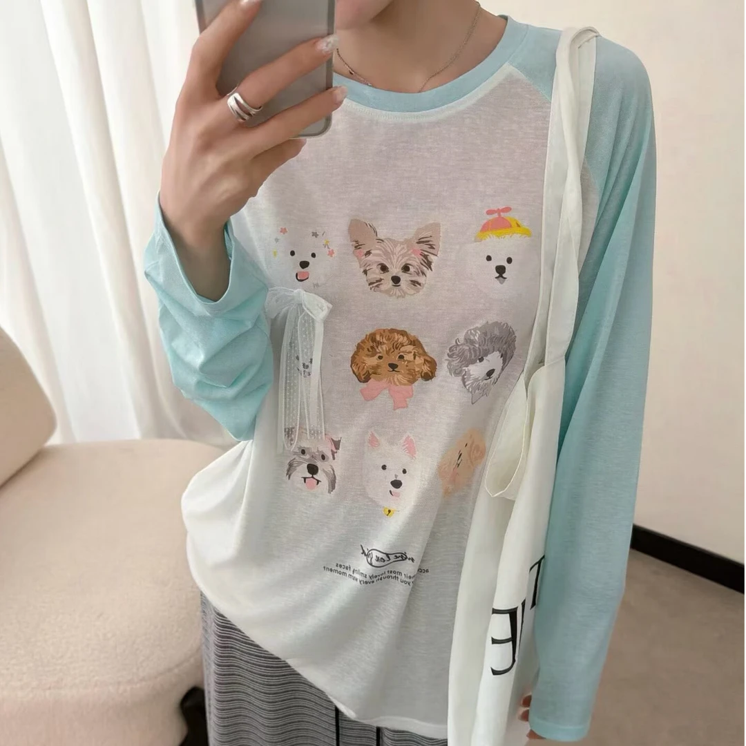 T3522 动物派对~九宫格长袖立体蝴蝶结宽松罩衫T恤女