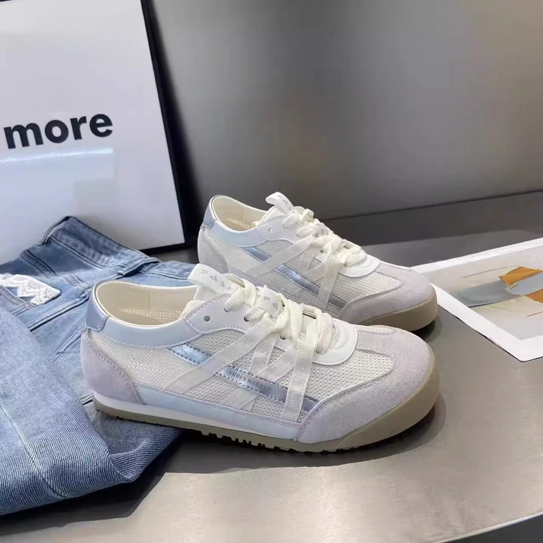 三福真皮网面德训鞋女2025春夏款网纱拼色透气休闲阿甘鞋板鞋薄款