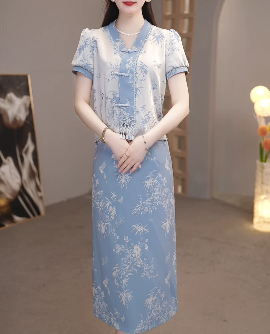 【定制套装】B1168冰蓝色优雅气质时尚减龄休闲显瘦夏季两件套