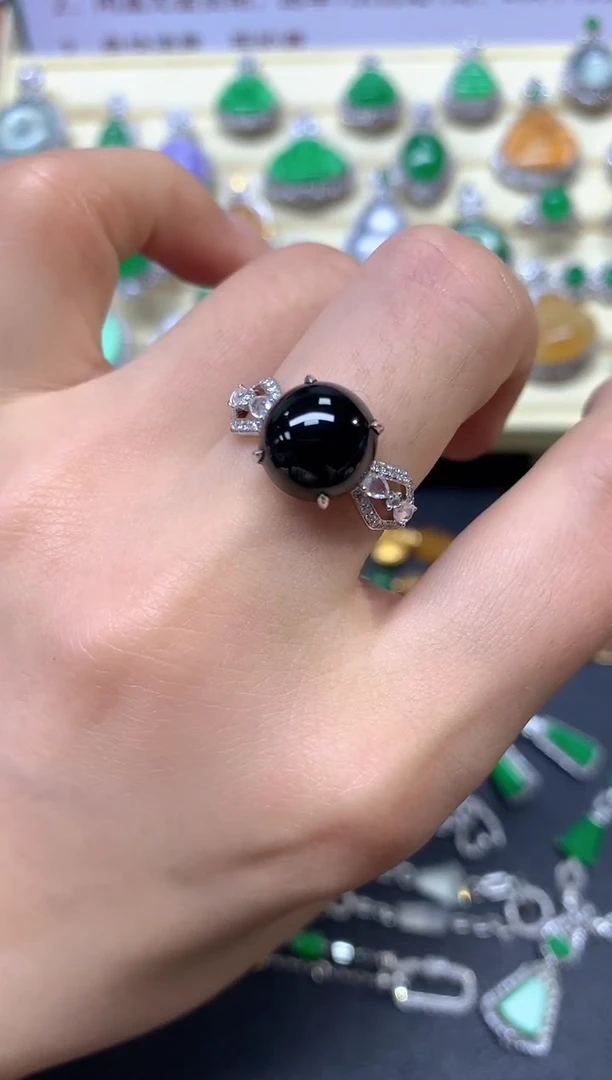 翡翠戒指18K金镶嵌墨翠戒指|3750+375