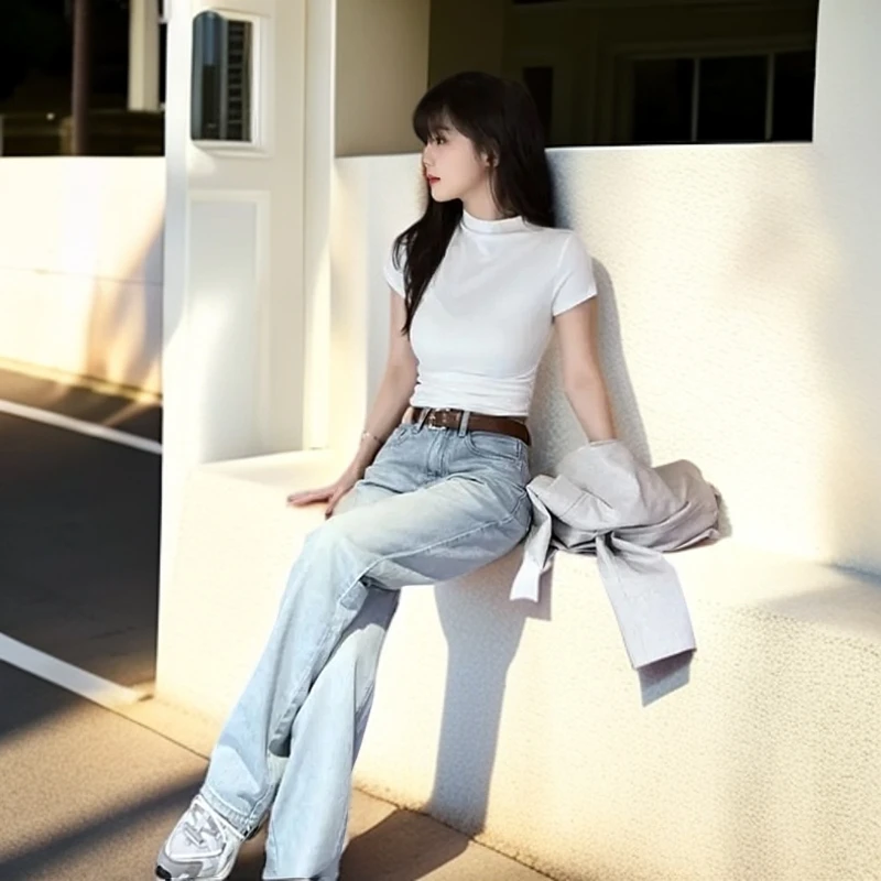 纯欲修身短袖打底衫女2025夏季新款内搭显瘦中领减龄正肩洋气上衣