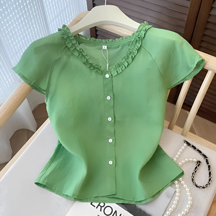 宽松显瘦凉感衬衫多巴胺绿色夏季新款韩系甜美减龄花边u领衬衣女