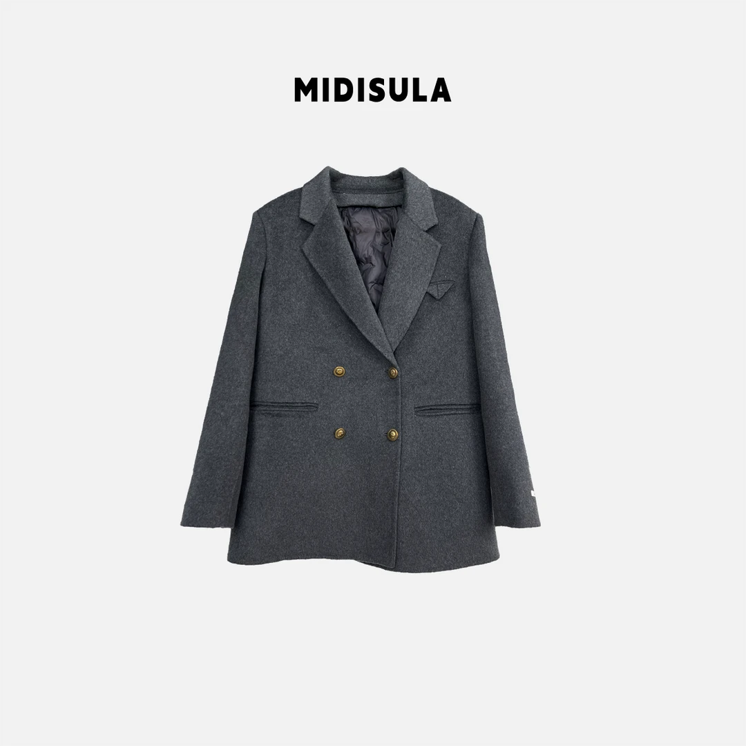 【H.MDSL】通勤四粒扣百搭三角标灰色西装式毛呢羽绒服外套#1993