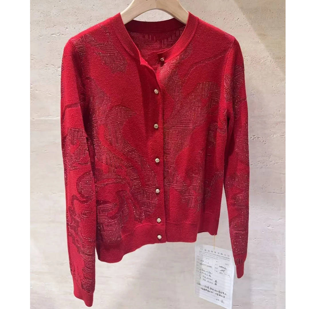 GINAYOLAN/瑾颜【商学院款】时尚女装进口面料红色提花针织开衫