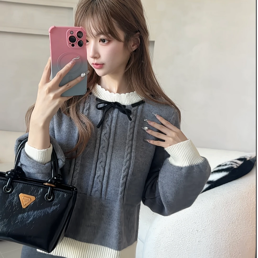 tonlion/唐狮 温柔风撞色设计前胸绞花圆领套头