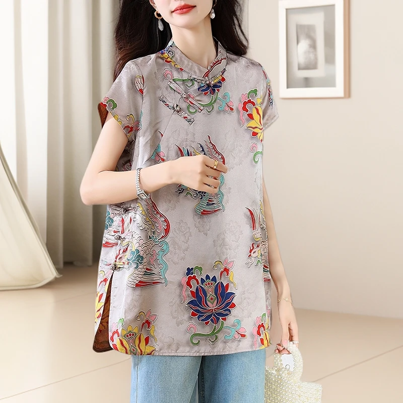 夏款复古民族风立领盘扣印花衬衫女士宽松中式时尚中长款小衫上衣