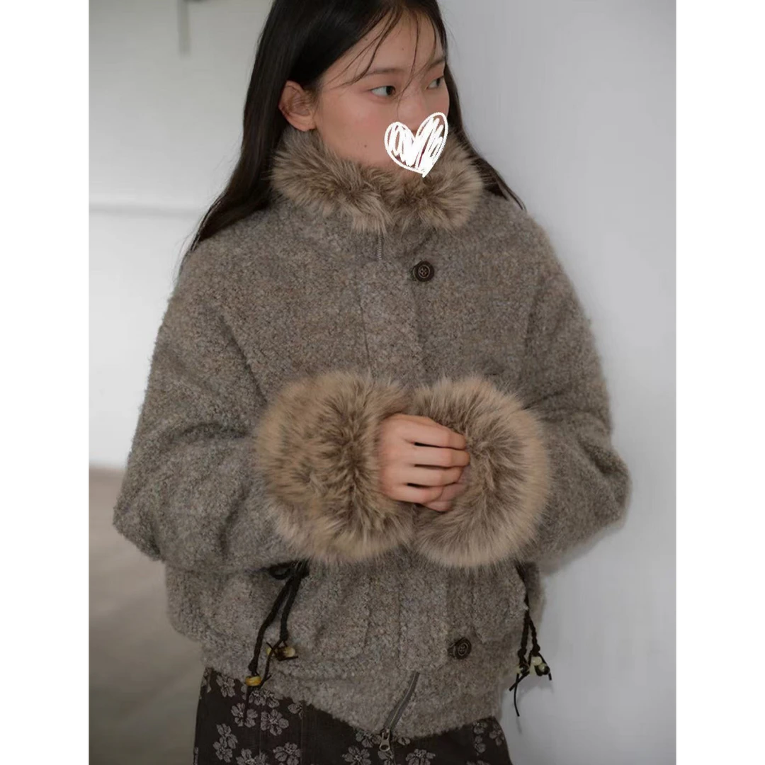 「绳结叙事」立领廓形夹棉外套羊毛洋气加厚毛领复古棉服