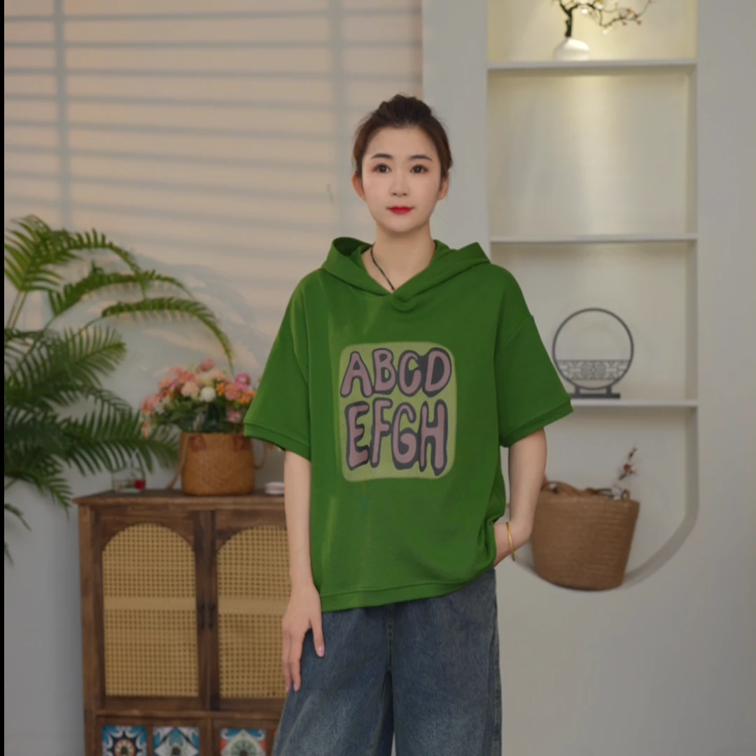 2025夏季新款宽松版型字母印花连帽短袖T恤