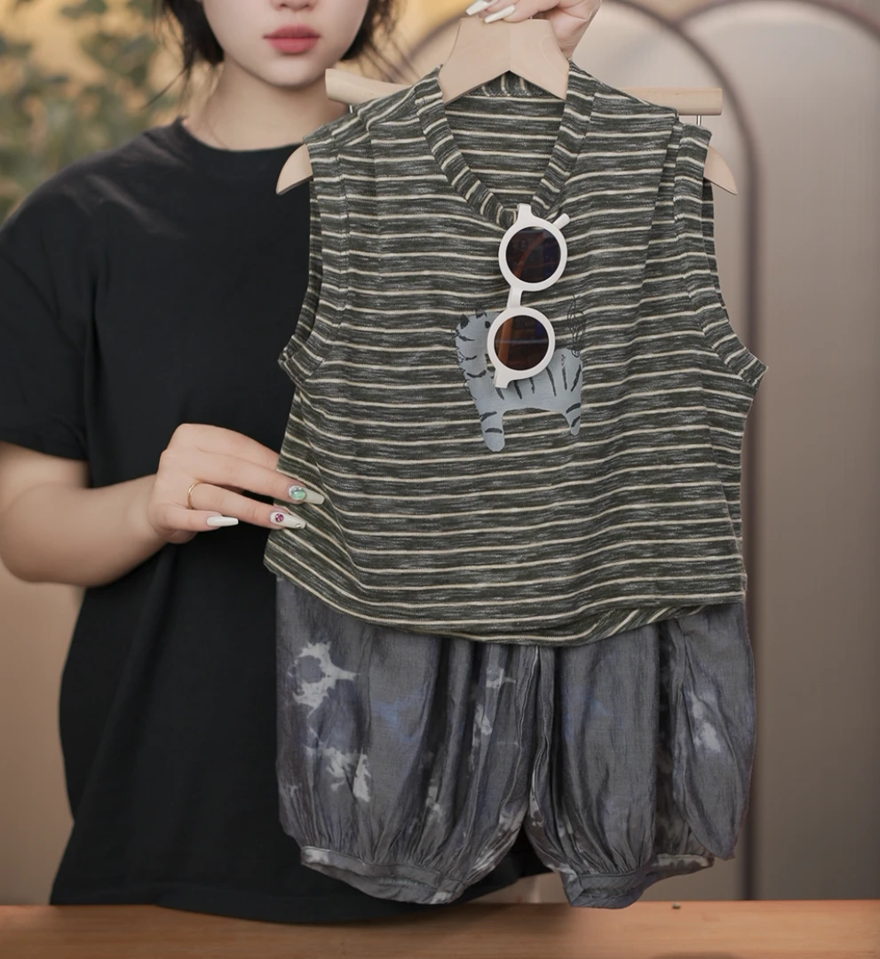 【菠菜不菜】2025夏季男童条纹设计小马背心套装时尚百搭休闲日韩