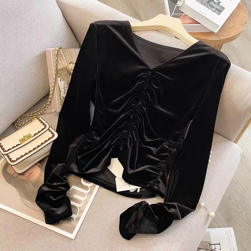 3619#V领长袖丝绒薄款上衣显瘦小衫中式老钱风百搭设计感收腰上衣