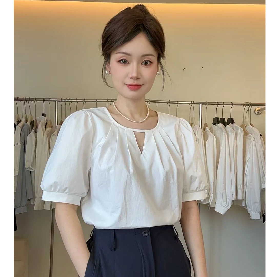 夏装韩版气质设计感名媛纯色衬衣小衫
