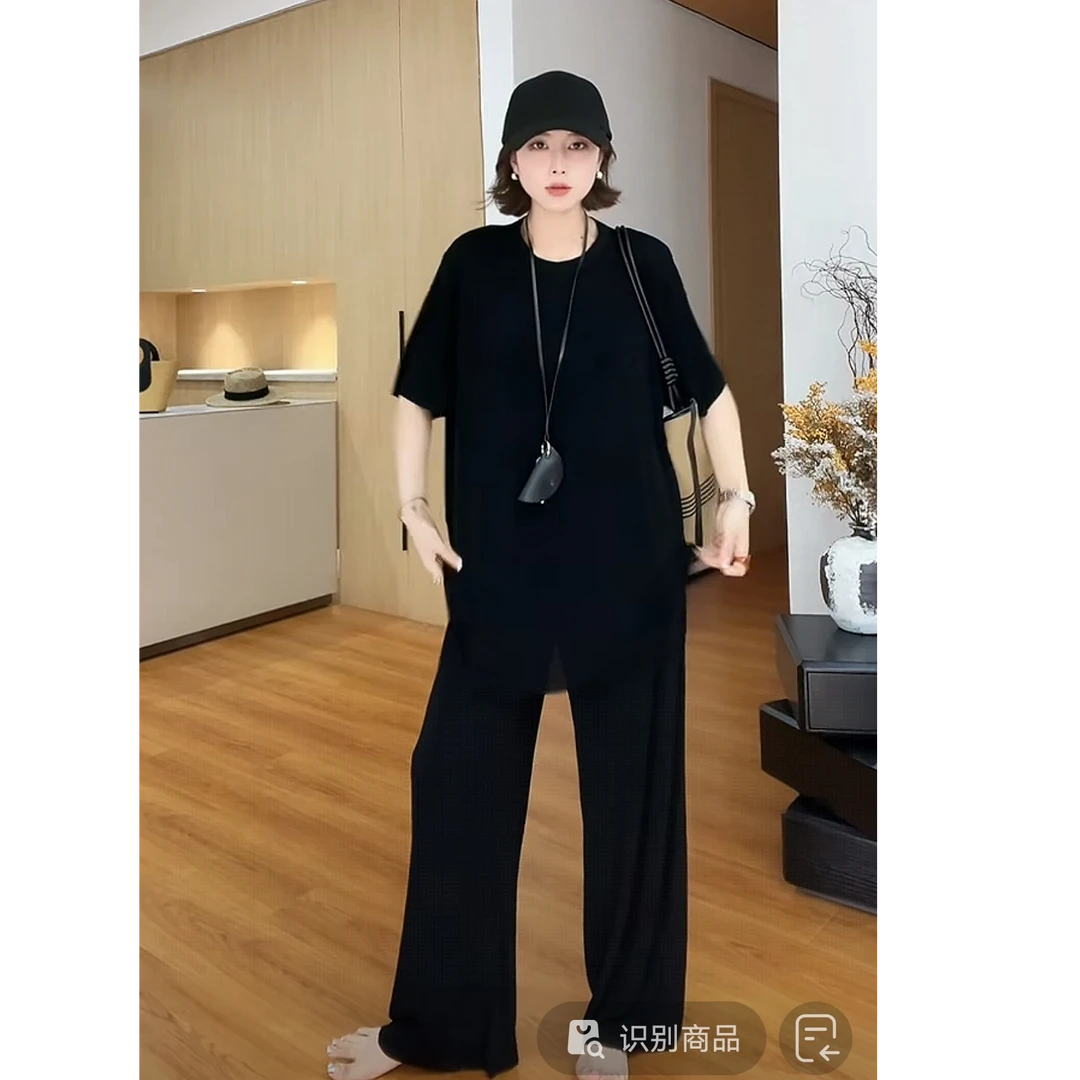 YYOUHAN 2025新款竖纹肌理感百搭醋酸T恤裤子两件套 2507C3883