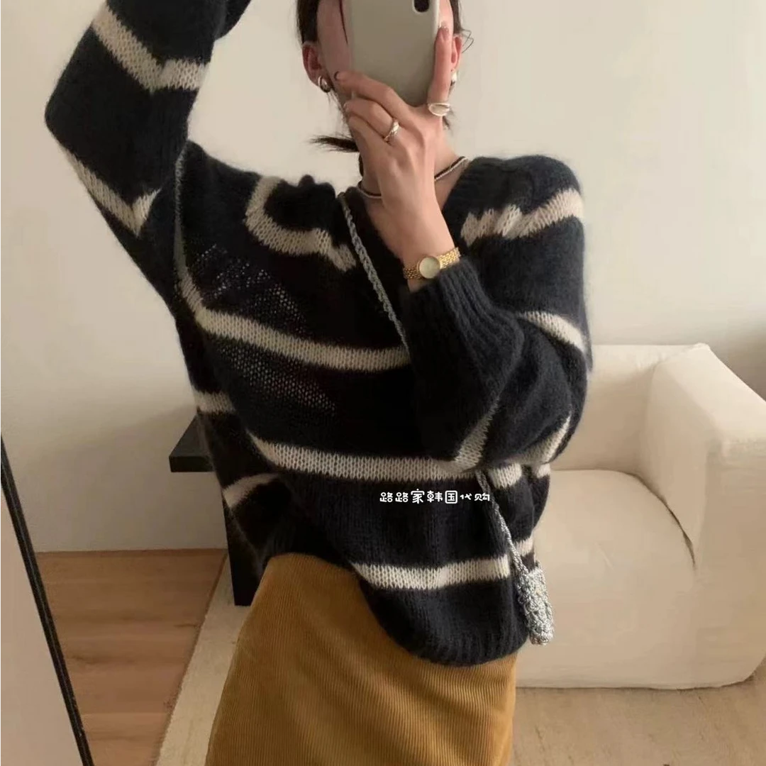 韩国东大门韩版宽松休闲百搭慵懒风条纹新中式针织衫女套头毛衣
