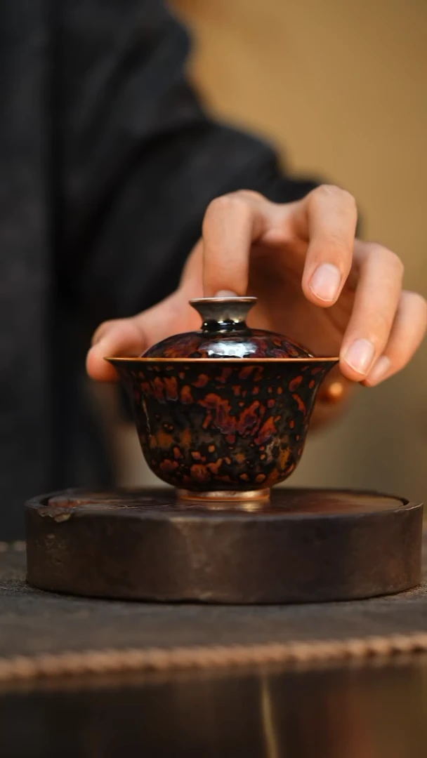 68柴房陶瓷柴烧斑鹿盖碗