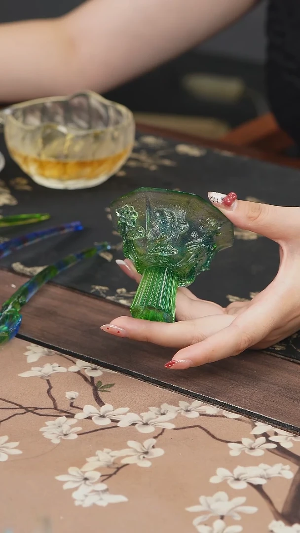 手工艺品琉璃蓝绿色荷花高足茶盏