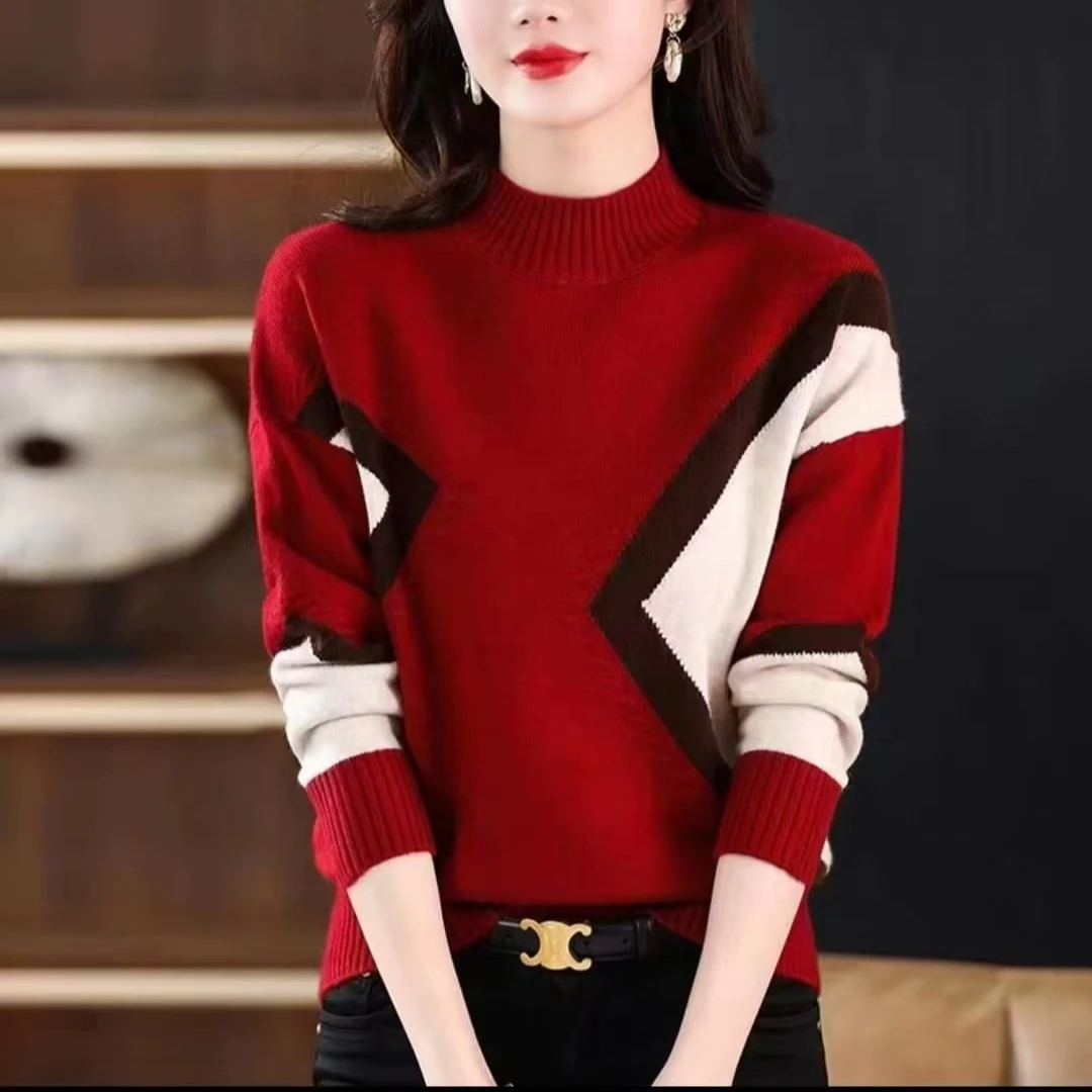 洋气半高领拼接针织衫