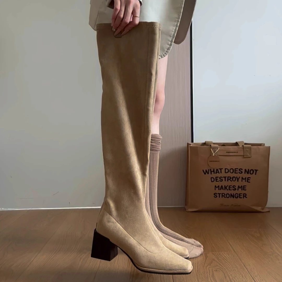 牛皮版~复古绒面卡其色靴子女过膝长筒靴百搭高跟长靴新款骑士靴