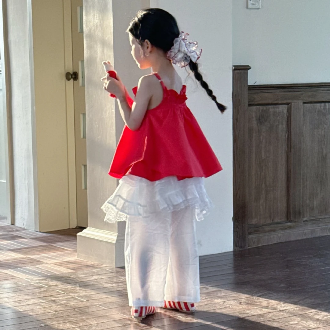 2025夏季新款童装 韩版童装 女童木耳边棉布吊带 夏款清凉吊带