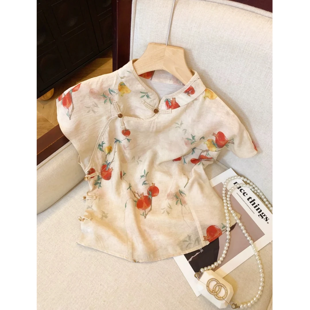 新中式国风盘扣碎花衬衫女时尚复古坎肩小衫改良旗袍领上衣9366