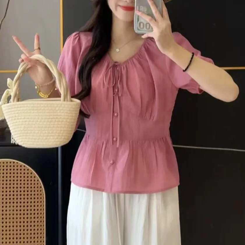 2025夏季韩系时尚系带圆领薄款小衫短袖X32