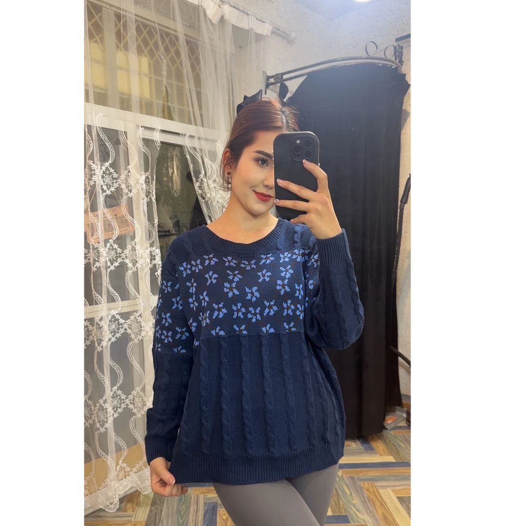 圣诞氛围感提花圆领毛衣女秋冬新款宽松保暖针织衫