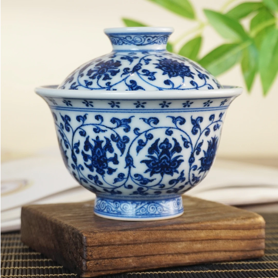 望月御品手绘柴窑青花缠枝莲二才元宝盖碗纯手工釉下彩景德镇盖碗