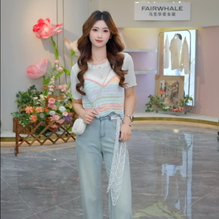 【彩色拼接】马克华菲女装夏季气质设计感短袖上衣F52004A741