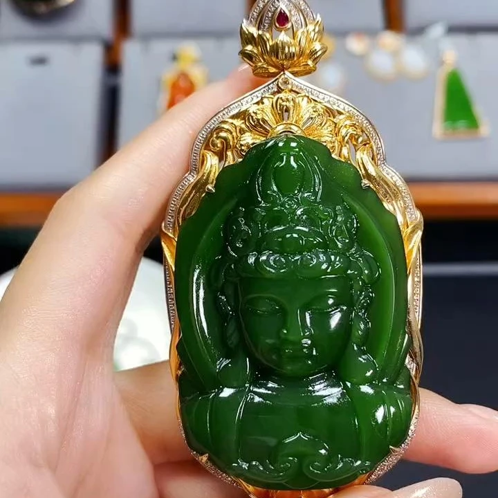 18k金天然和田玉碧玉绿度母颈饰吊坠-收藏级精美款