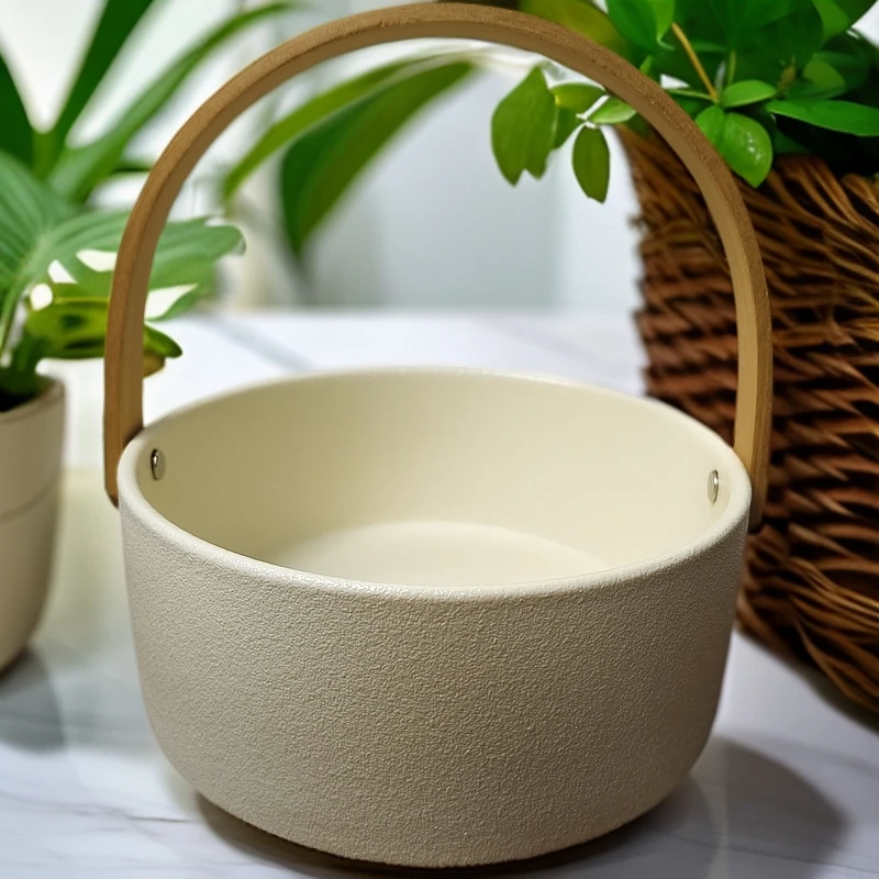 ins陶瓷奶油白水果盘提手客厅家用干果盘大号简约零食盘提篮