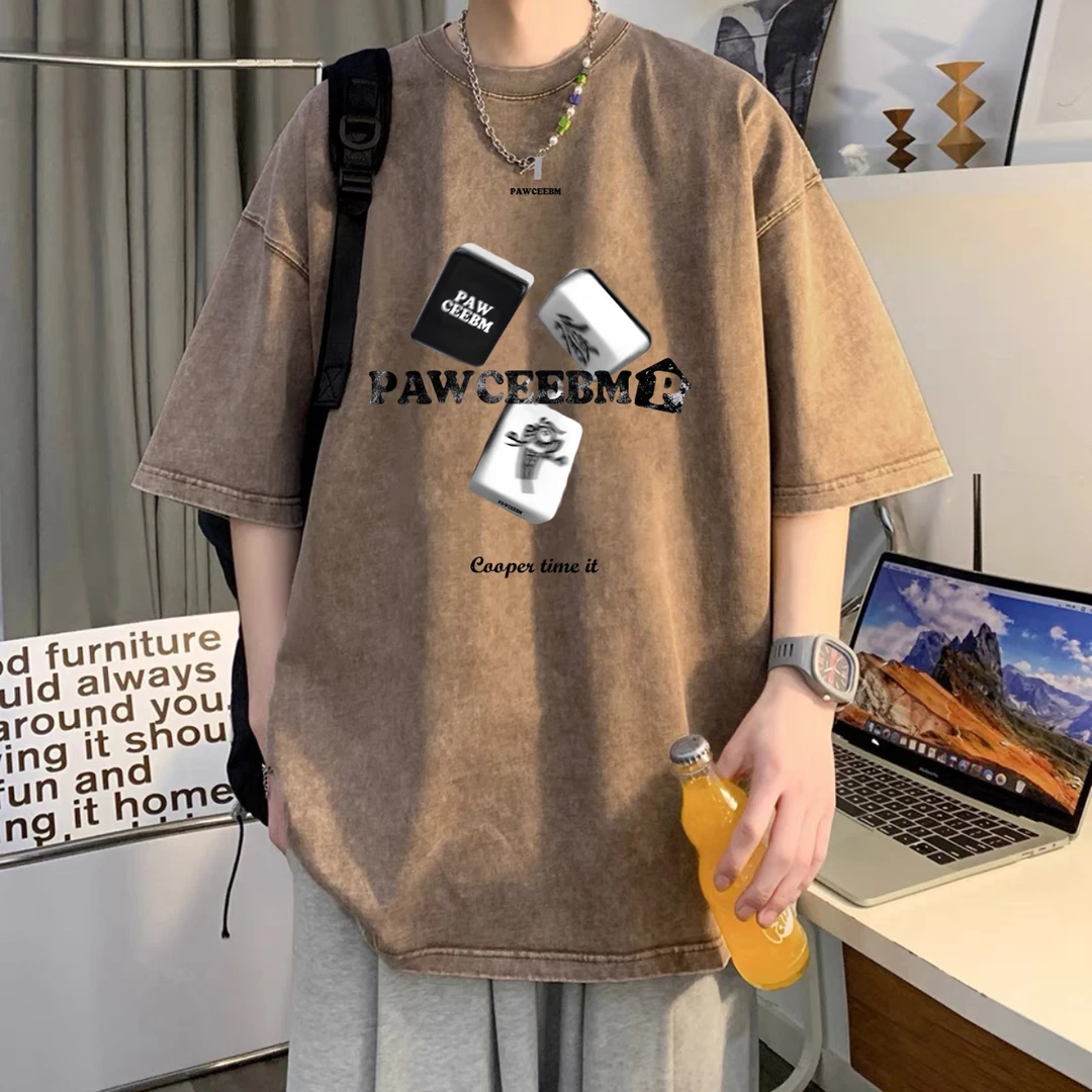 国潮休闲纯棉短袖男夏季新款小众设计感印花复古做旧潮牌圆领上衣