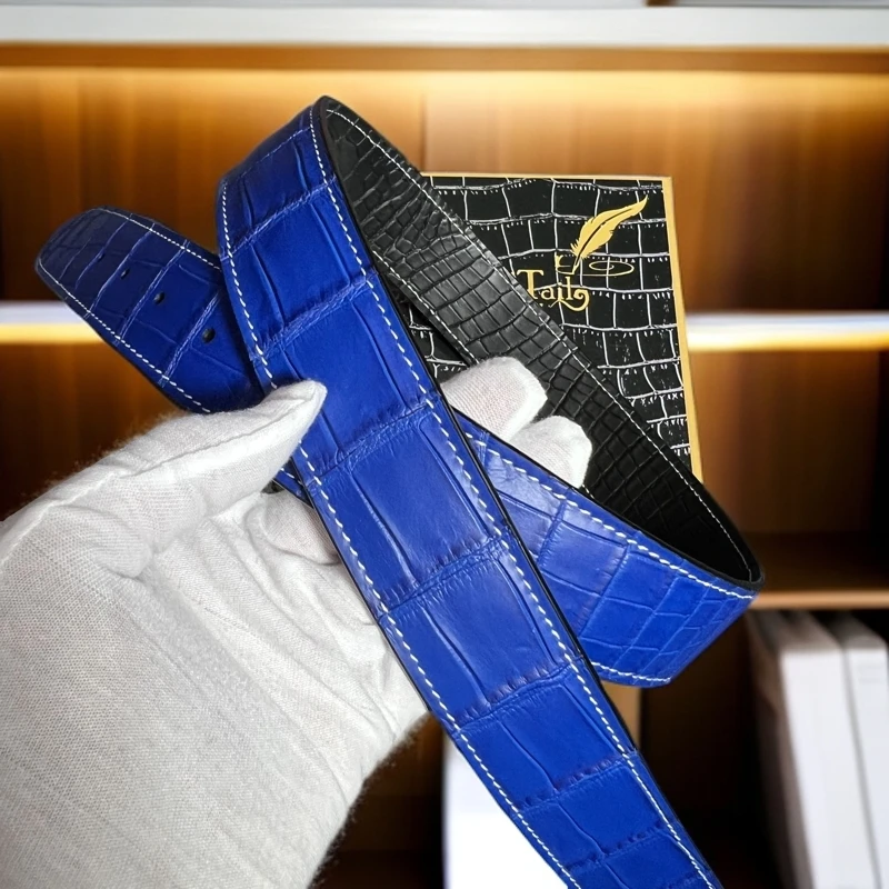 （单腰带）3.8宽蓝黑白线平头双雾面肚皮腰带实木礼盒装-智