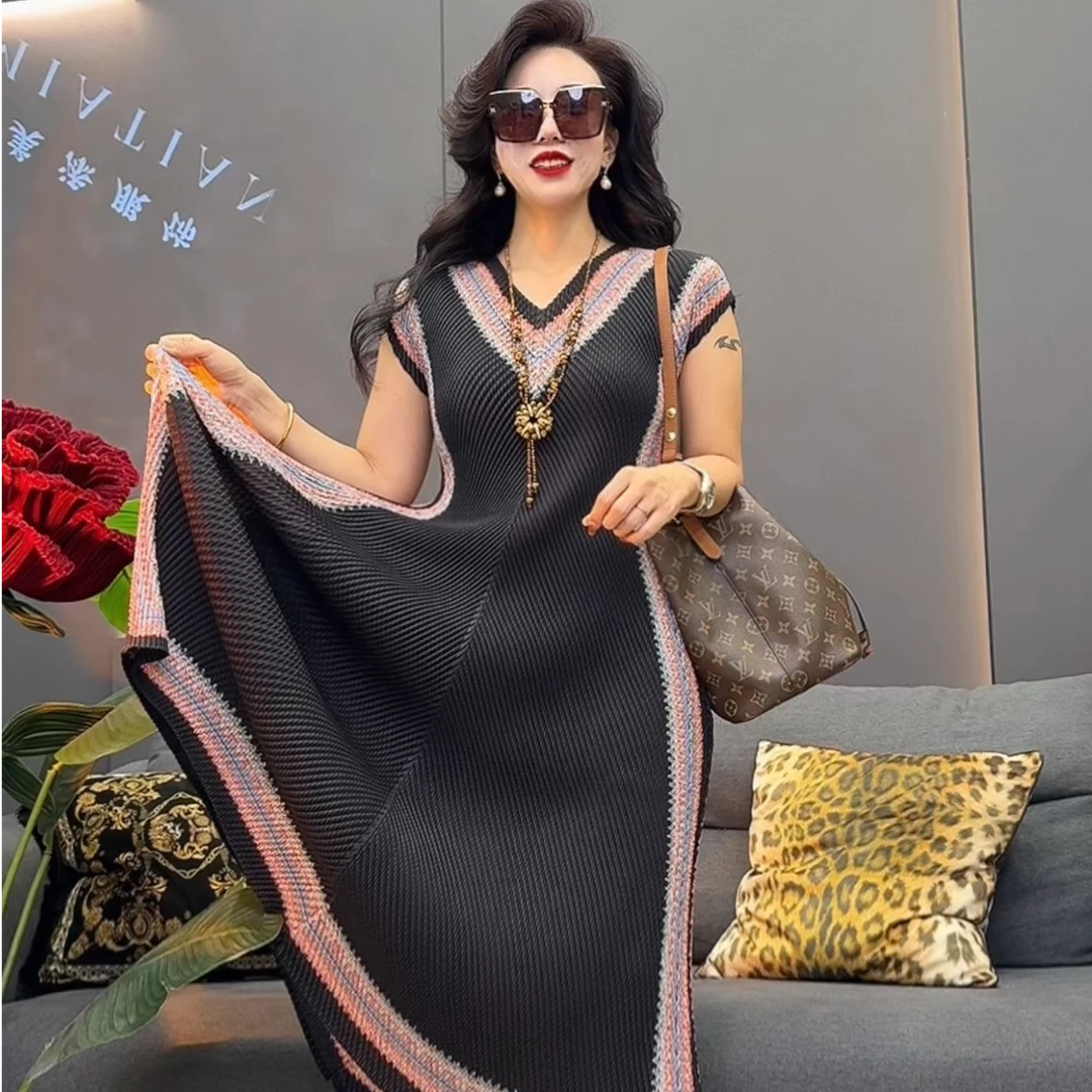 【美添】夏季新款褶皱 复古撞色时尚连衣裙V领减龄大码民族风长裙