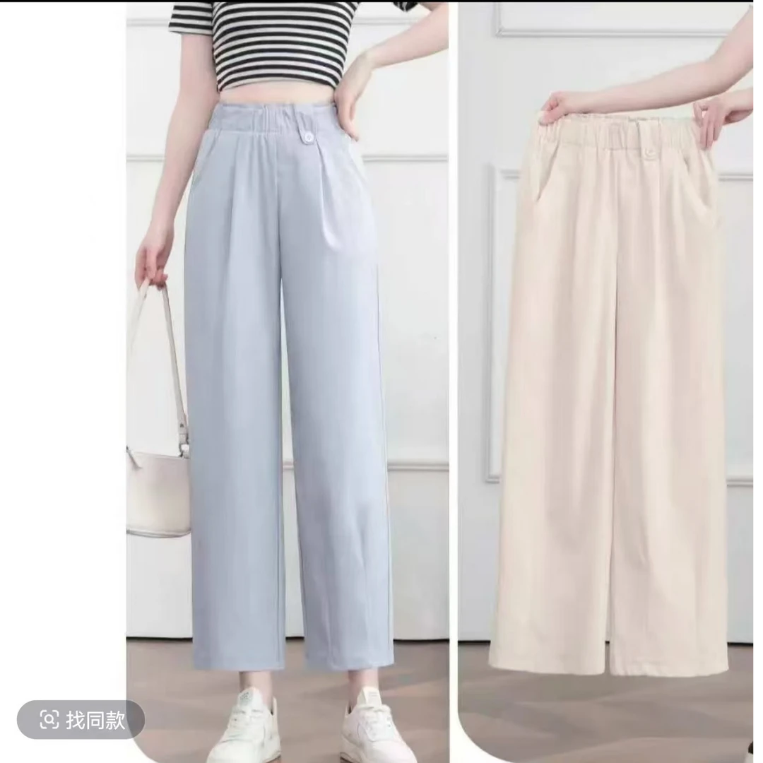 2851#（裤长90）夏季薄款松紧腰宽松显瘦九分直筒花苞裤