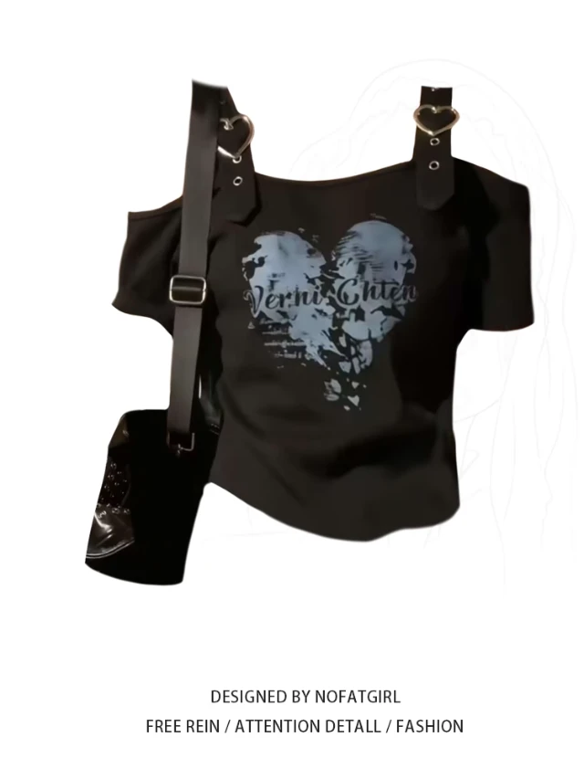 大码胖妹妹甜酷辣妹印花一字肩吊带短袖T恤女夏季露肩小众短上衣