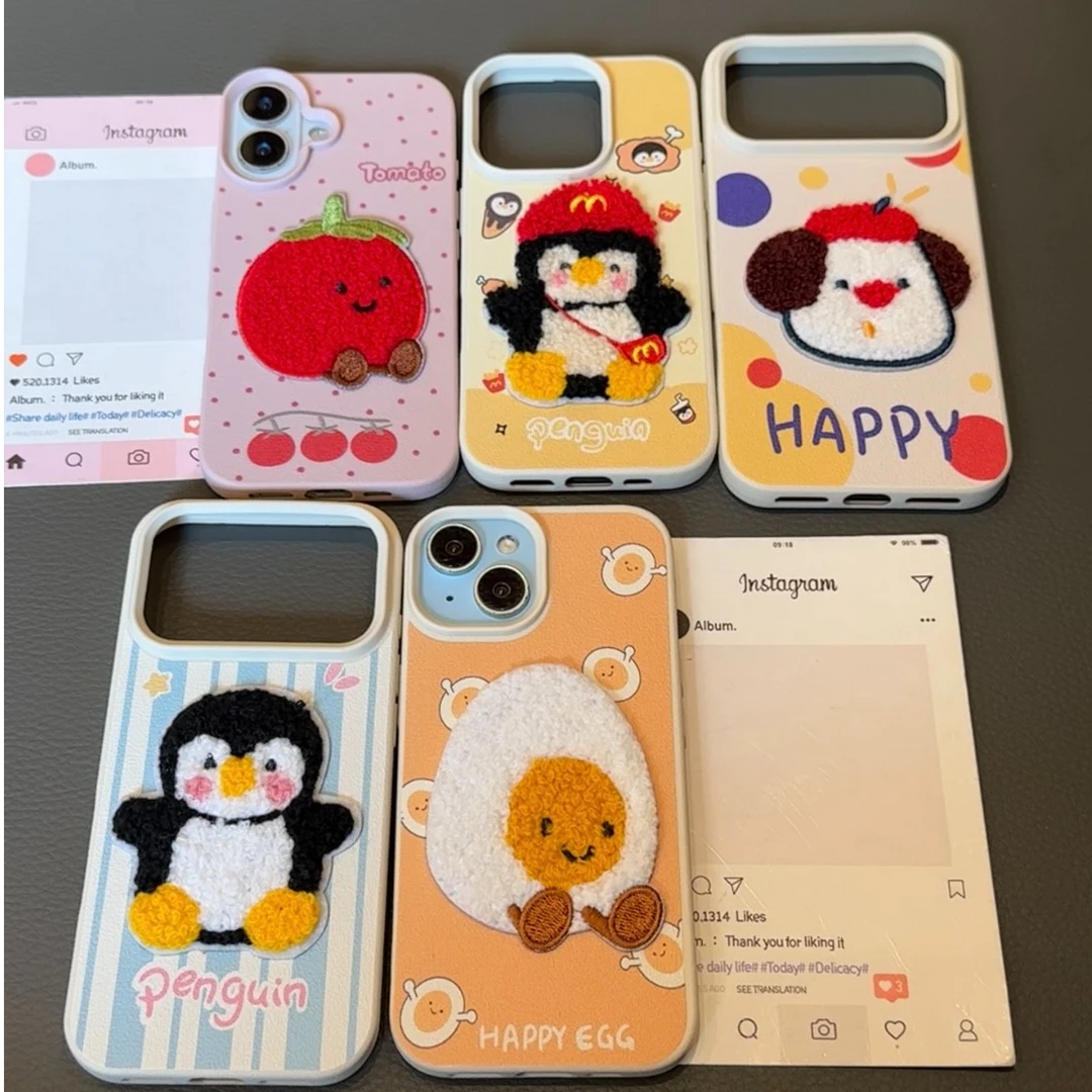 企鹅荔枝纹立体刺绣适用iPhone17Promax/16/15手机壳14可爱13防摔