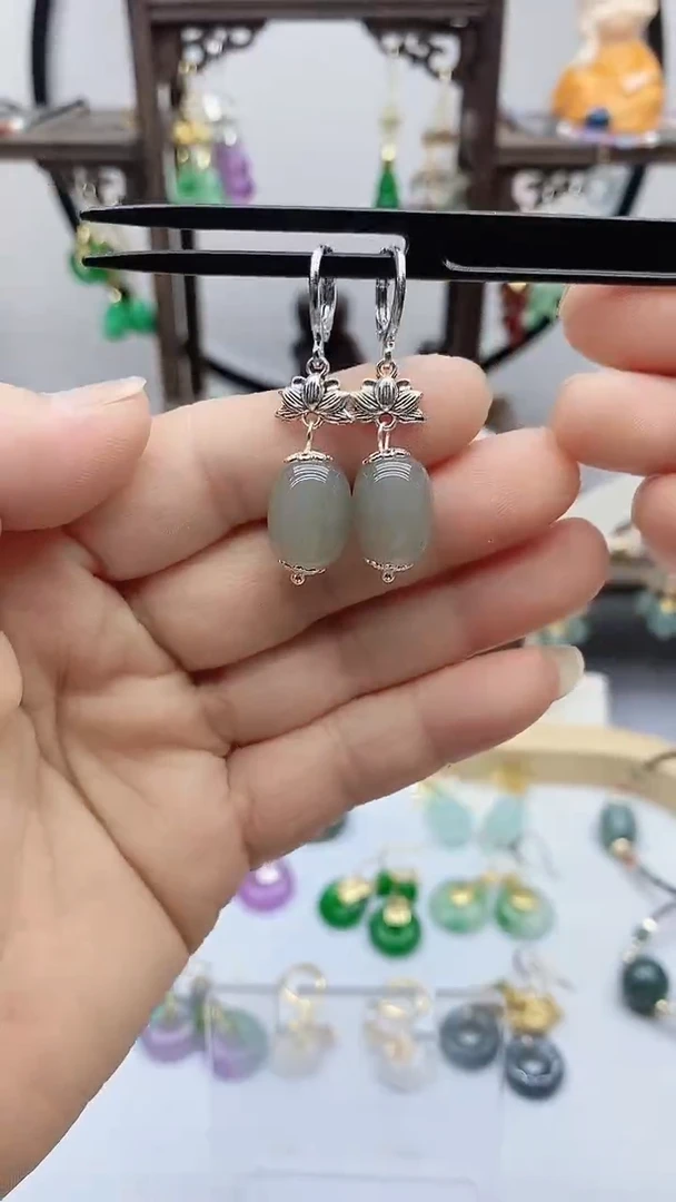 和田玉银S925镶嵌耳饰104