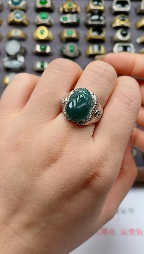 翡翠戒指银S925镶嵌天然翡翠男戒