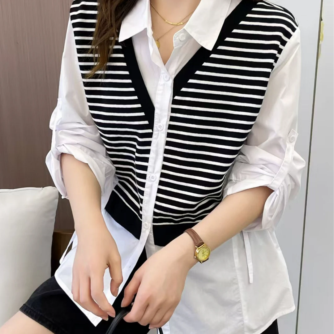 【年末大促】23008新款设计感条纹假两件衬衫时尚拼接日系网红爆款