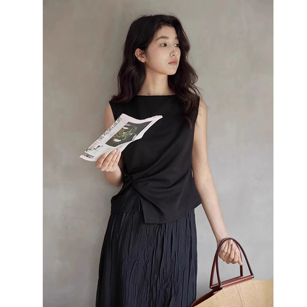 高级感百搭气质背心黑色女夏季外穿不规则设计感扭结短袖T恤上衣