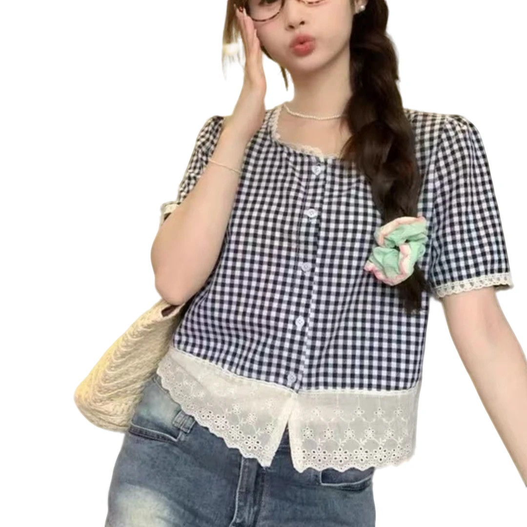 【珊珊服饰】夏季新款时尚格子短款上衣