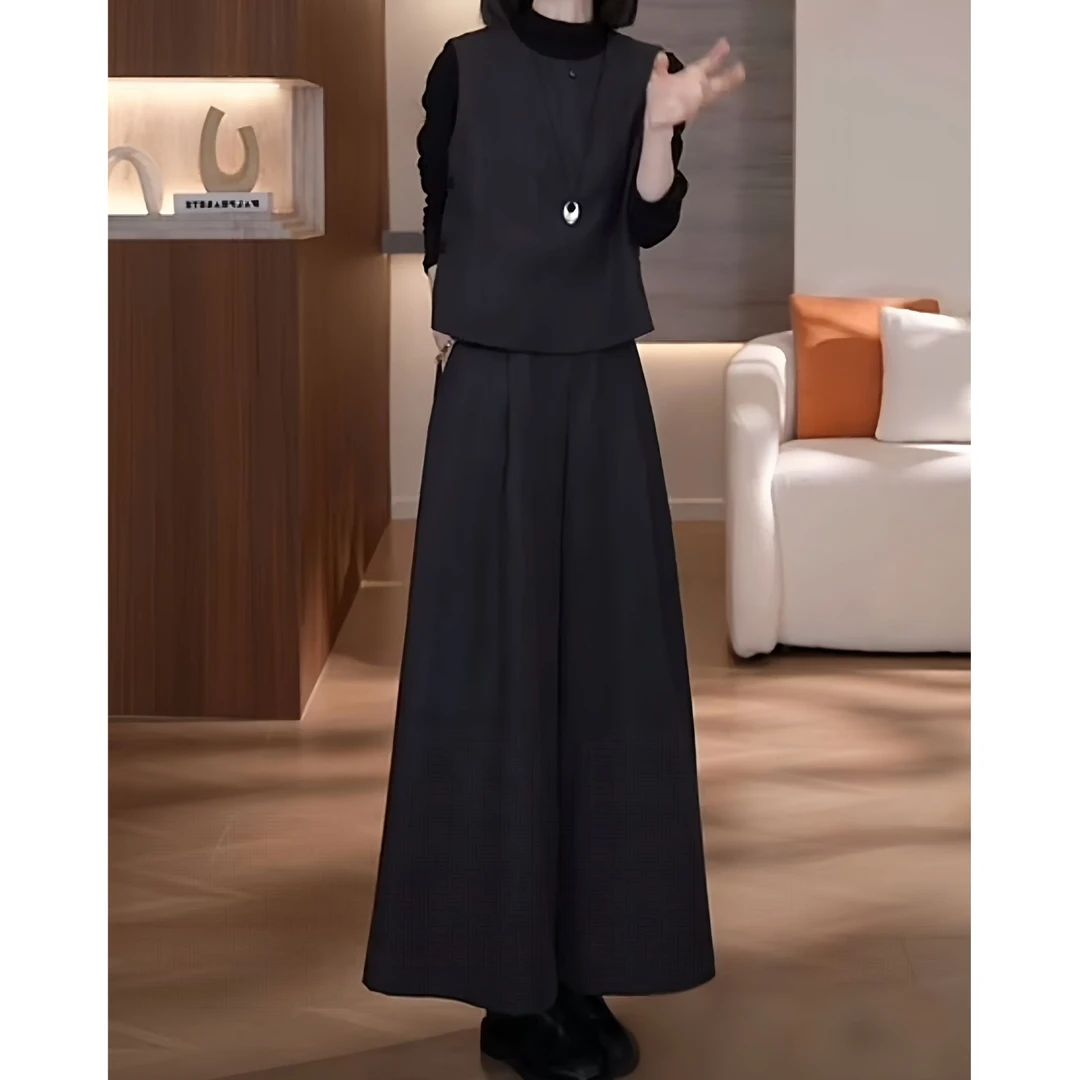 复古文艺气质套装2025秋冬新款打底衫马甲阔腿裤高级感三件套