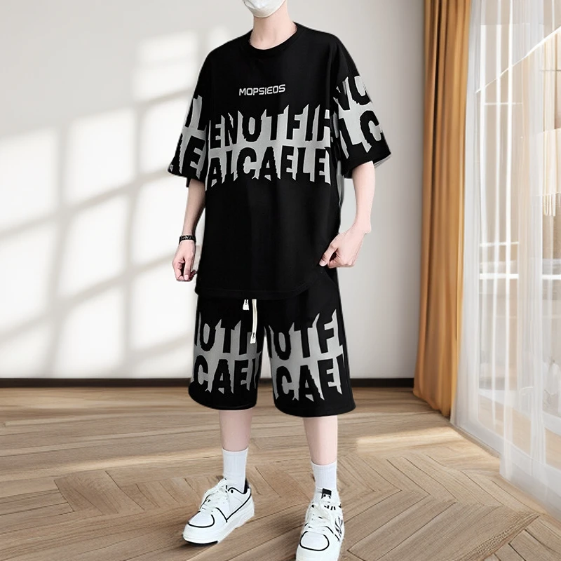 男士设计感印花短袖T恤休闲套装痞帅青少年夏季宽松运动两件套潮